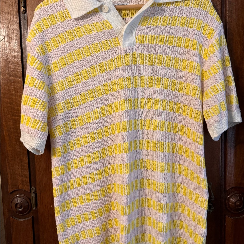 Striped Yellow and White Knit Polo Shirt